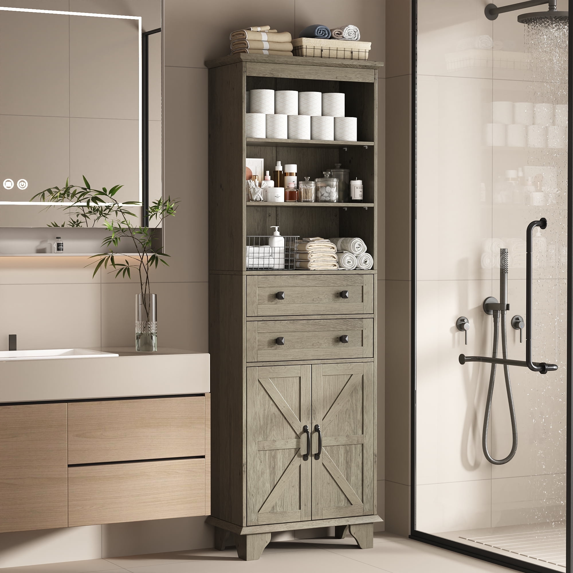 NEGYLIM 72" Tall Bathroom Storage Cabinet, Freestanding Cabinet with Adjustable Shelves, Large Bathroom Pantry Cabinet with 2 Drawers for Living Room, Kitchen, Dining Room, Office, Grey