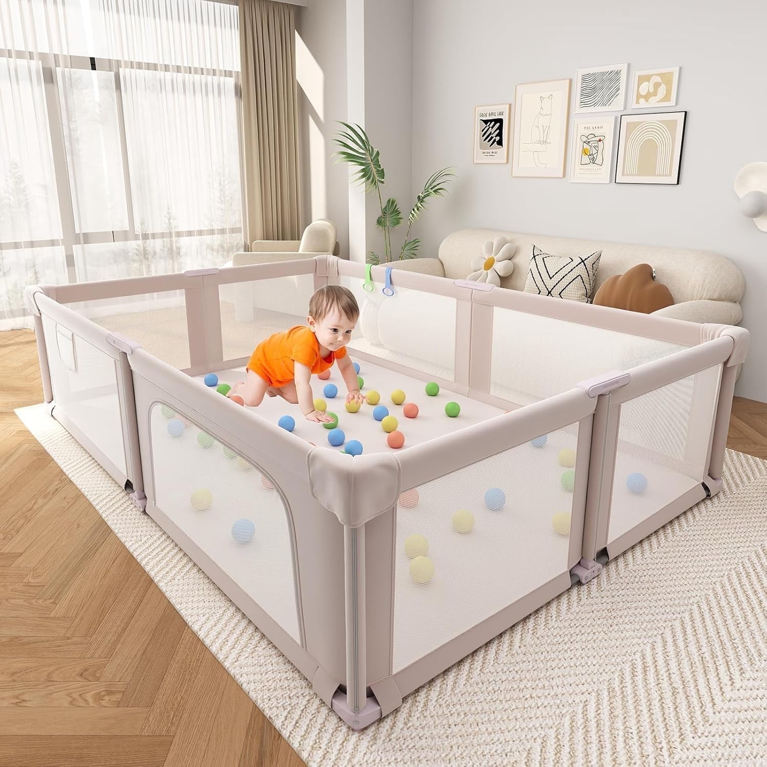 NEGYLIM 73" ×61" Large Baby Playpen, Baby Playard for Babies and Toddlers, Baby Fence Play Pens for Indoor & Outdoor, Sturdy Safety Play Yard with Soft Breathable Mesh and Carry Bag, Anti-Fall, Pink
