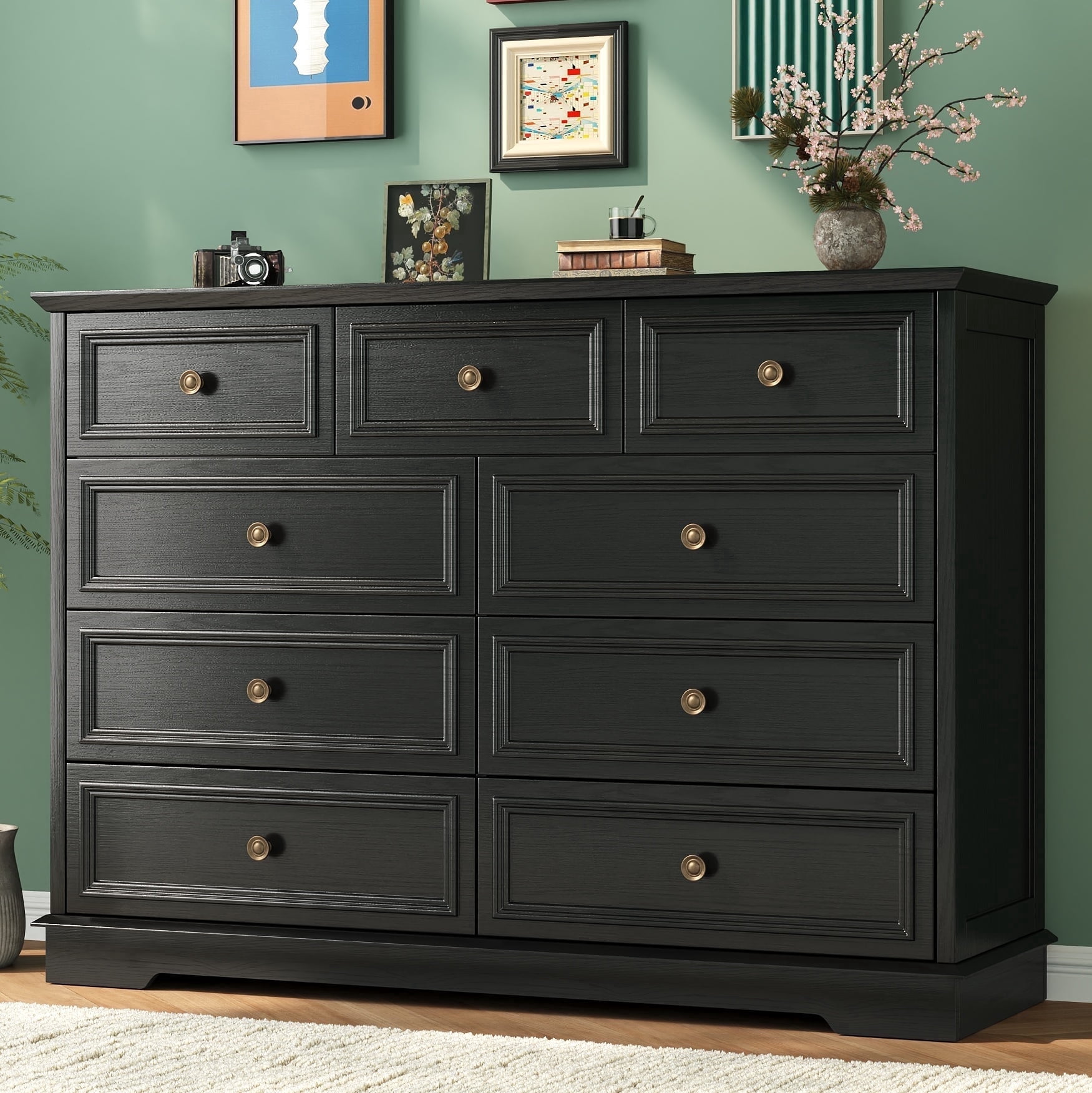 9 Drawer Chest of Drawers, Tall Storage Dresser Organizer, Modern Storage Cabinet Dresser Organizer Unit with Antique Bronze Round Handles for Living Room, Black
