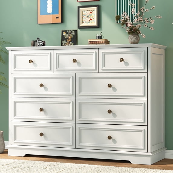9 Drawer Dresser for Bedroom, Wood Chest of Drawers, Rustic-Style Dresser with Metal Handles, Tall Storage Dresser Organizer, White