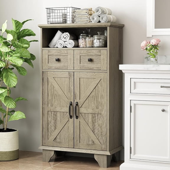 NEGYLIM Bathroom Floor Storage Cabinet, Freestanding Cabinet with 2 Drawers & Adjustable Shelf, Gray