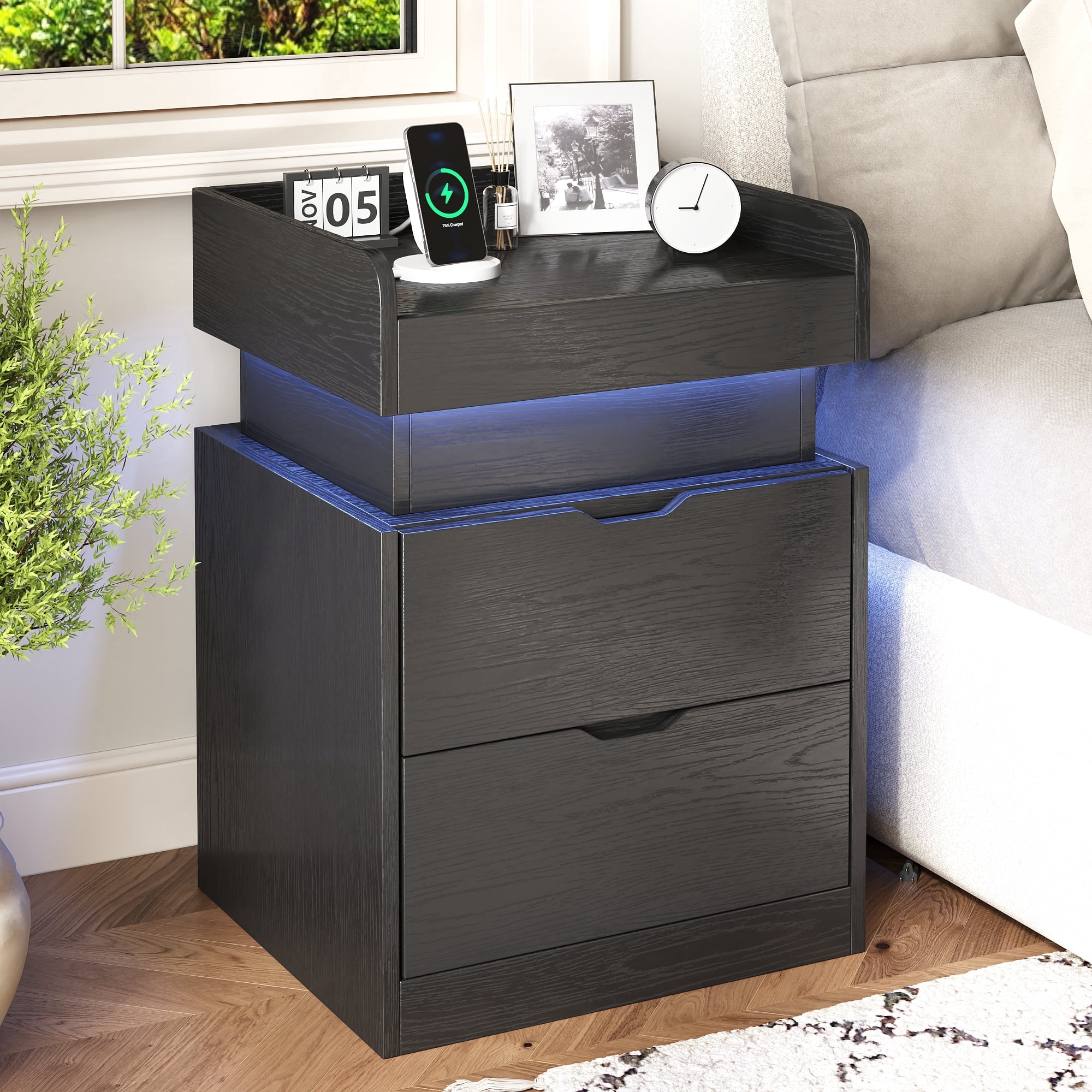 NEGYLIM Nightstand with Charging Station & Multi-Color LED Lights, Bedside Tables for Bedroom Modern Style with 2 Wooden Drawers & a Sliding Top, End Tables for Living Room, Black