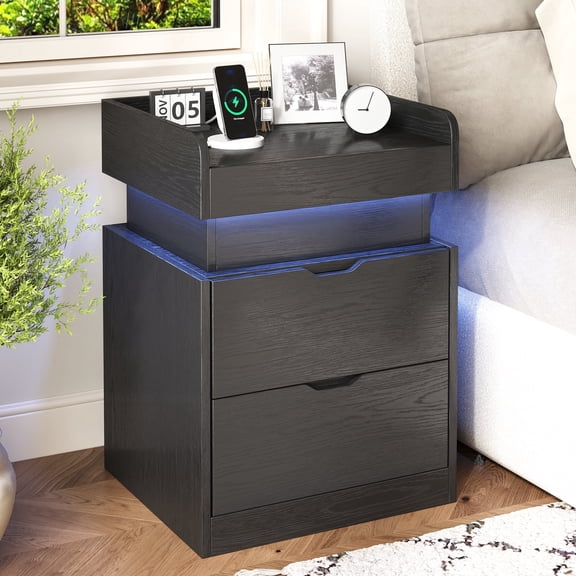 NEGYLIM Nightstand with Charging Station & Multi-Color LED Lights, Modern Style Bedside Tables with 2 Wooden Drawers & a Sliding Top, Suitable for Bedroom, Living Room