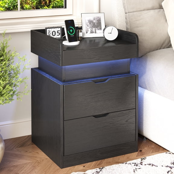 NEGYLIM Nightstand with Charging Station & Multi-Color LED Lights, Modern Style Bedside Tables with 2 Wooden Drawers & a Sliding Top, Suitable for Bedroom, Living Room