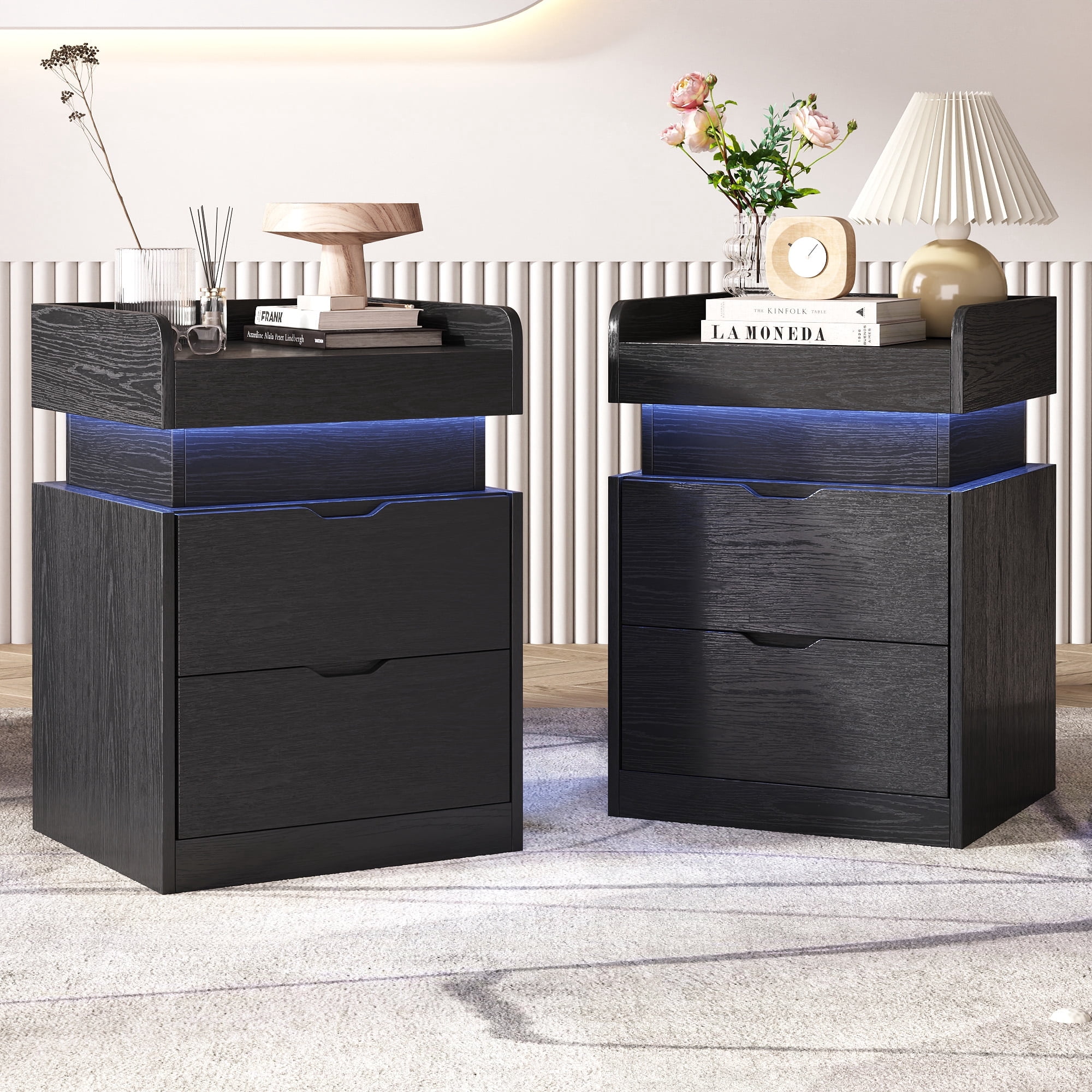 NEGYLIM Nightstands Set of 2, Modern Style End Tables with Charging Station and LED Lights, Black Night Stands with Multi-Color LED Lights & Charging Station for Bedroom