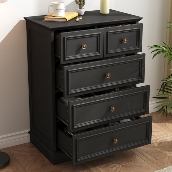 NEGYLIM Black Dresser with 5 Drawer for Living Room, 2026 Rustic Style Chest of Drawers, Retro Style Dresser for Bedroom