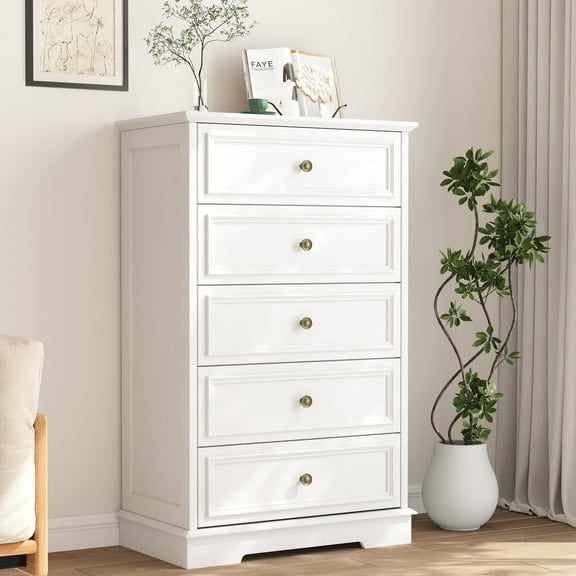5 Drawer Dresser, Wood Chest of Drawers for Bedroom, Retro Storage Cabinet Dresser Organizer Unit with Antique Bronze Round Handles for Living Room, Closet, Hallway, Entryway