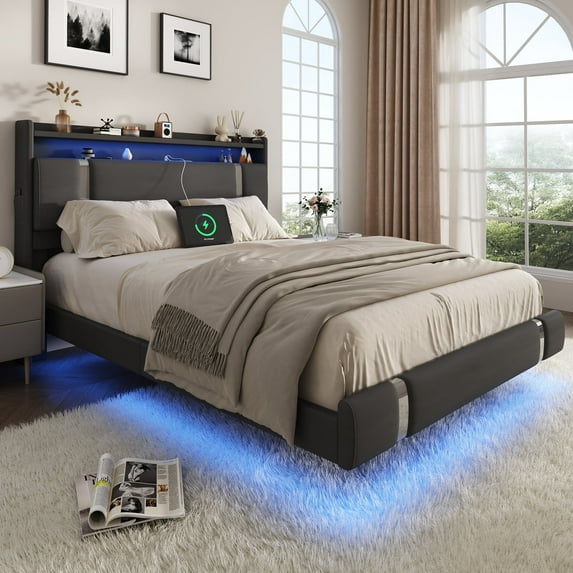 NEGYLIM Floating Bed Frame Full Size with LED Lights,Easy to Assemble, Metal Platform Bed with Storage Headboard, No Box Spring Needed, Black