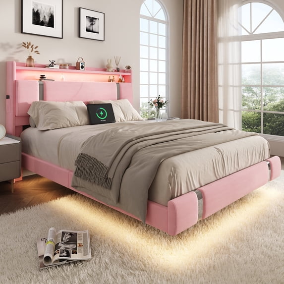 NEGYLIM Floating Bed Frame Full Size with LED Lights, Easy to Assemble, Metal Platform Bed with Storage Headboard, No Box Spring Needed, Pink