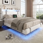 NEGYLIM Floating Bed Frame Full Size with LED Lights, Easy to Assemble, Metal Platform Bed with Storage Headboard, No Box Spring Needed, White