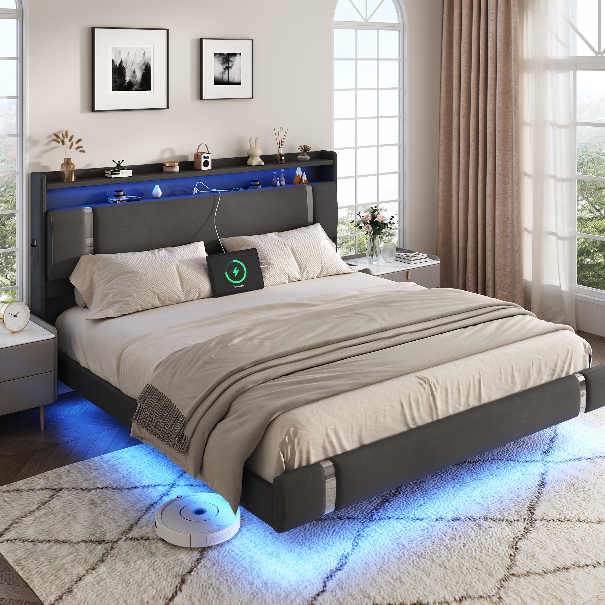 NEGYLIM Floating Bed Frame King Size with LED Lights, Easy to Assemble, Metal Platform Bed with Storage Headboard, No Box Spring Needed, Black