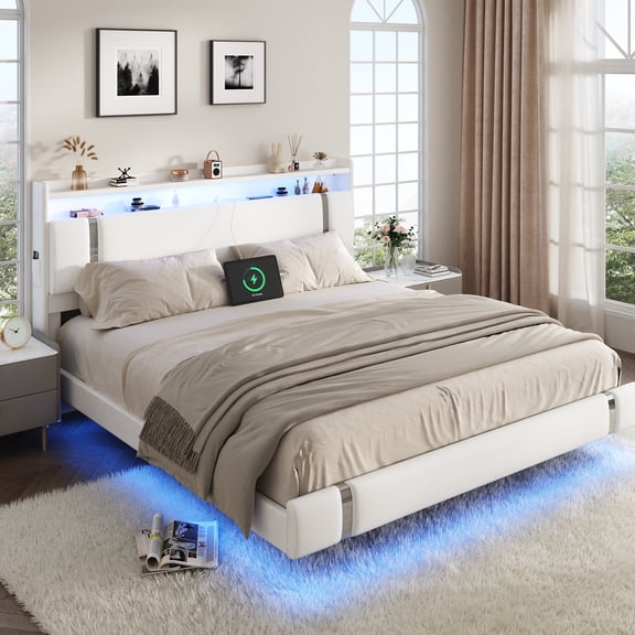 NEGYLIM Floating Bed Frame King Size with LED Lights, Easy to Assemble, Metal Platform Bed with Storage Headboard, No Box Spring Needed, White