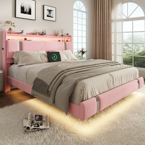 NEGYLIM Floating Bed Frame Queen Size with LED Lights, Easy to Assemble, Metal Platform Bed with Storage Headboard, No Box Spring Needed, Pink