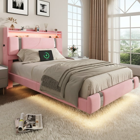 NEGYLIM Floating Bed Frame Twin Size with LED Lights, Easy to Assemble, Metal Platform Bed with Storage Headboard, No Box Spring Needed, Pink