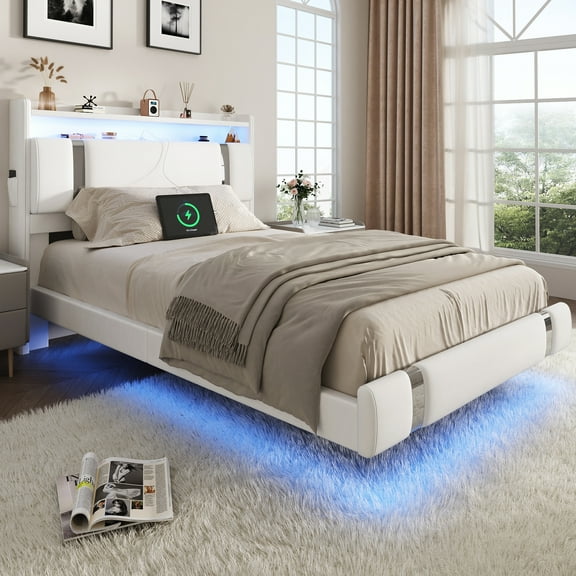 NEGYLIM Floating Bed Frame Twin Size with LED Lights, Easy to Assemble, Metal Platform Bed with Storage Headboard, No Box Spring Needed, White