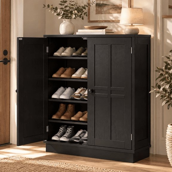 NEGYLIM Modern 5-Tier Shoe Cabinet with 2 Barn Doors and Removable Shelf, Closed Wooden Storage Organizer for Entryway and Hallway, Black