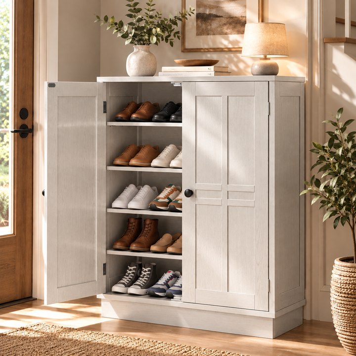 NEGYLIM Modern 5-Tier Shoe Cabinet with 2 Barn Doors and Removable Shelf, Closed Wooden Storage Organizer for Entryway and Hallway, White