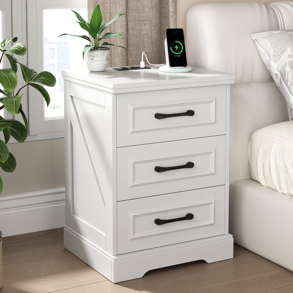 Nightstand, Farmhouse End Table with Charging Station, 3 Drawers Storage for Bedroom
