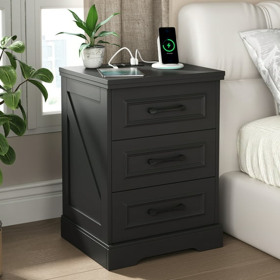 NEGYLIM Nightstand, Farmhouse End Table with Charging Station, 3 Drawers Storage for Bedroom