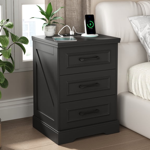 NEGYLIM Nightstand, Farmhouse End Table with Charging Station, 3 Drawers Storage for Bedroom