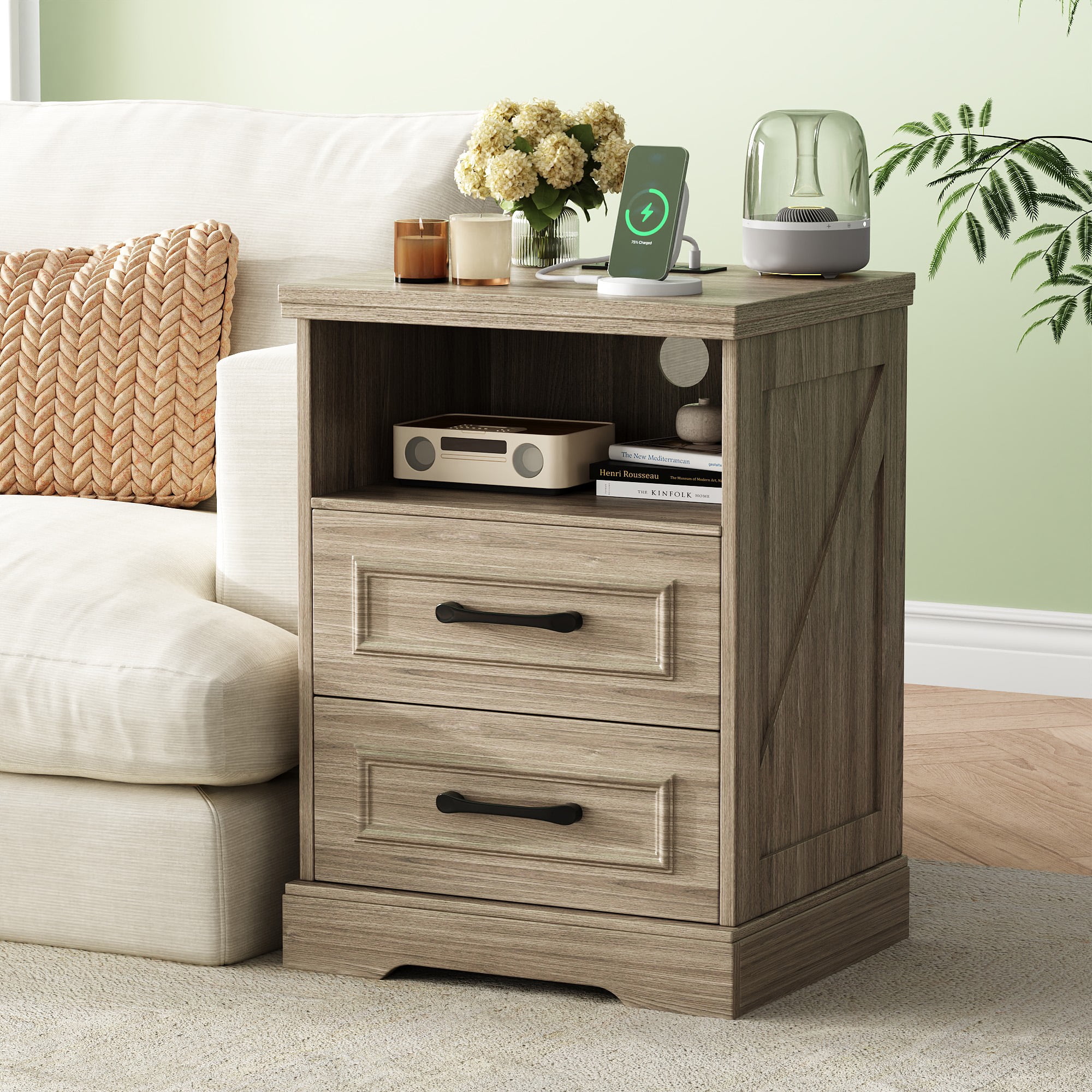 NEGYLIM Nightstand with Drawers for Bedroom, Farmhouse End Table with Charging Station, 2 Drawers Storage for Bedroom, Gray
