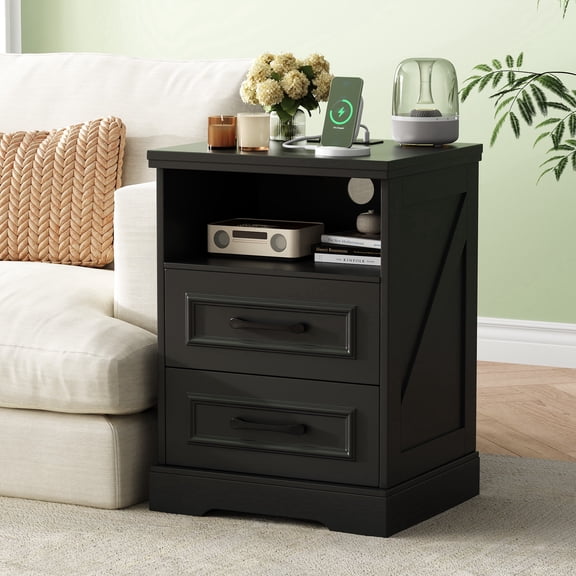 NEGYLIM Nightstand with Drawers for Bedroom, Farmhouse End Table with Charging Station, 2 Drawers Storage for Bedroom, Black