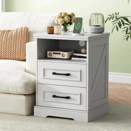 Nightstand with Drawers for Bedroom, Farmhouse End Table with Charging Station, 2 Drawers Storage for Bedroom, White