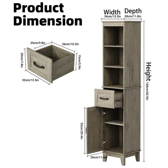 NEGYLIM 63" Slim Freestanding Bathroom Storage Cabinet, Tall Narrow Cabinet with Drawer & Door, Adjustable Shelf Anti-Tip, Gray Wood for Small Spaces