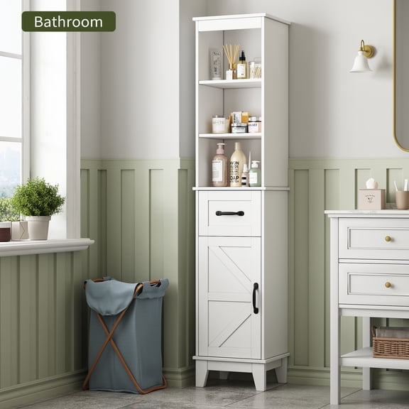 NEGYLIM 63" Slim Bathroom Storage Cabinet, Tall Narrow Freestanding Cabinet with Drawer & Door, Adjustable Shelf Anti-Tip, White for Small Spaces