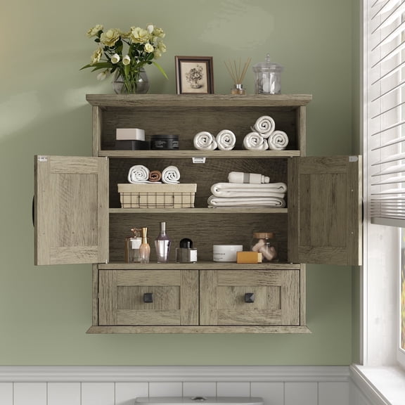 NEGYLIM Wall Mounted Bathroom Cabinet, Barn Door Storage Cabinet with 2 Drawers & Adjustable Shelf, Gray-brown