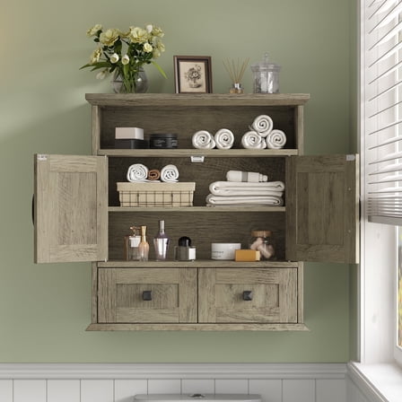 NEGYLIM Wall-Mounted Bathroom Cabinet with Barn Doors, Adjustable Shelf, 2 Drawers, Rustic Modern Style Storage Organizer for Toilet, Bathroom, Laundry Room, Black