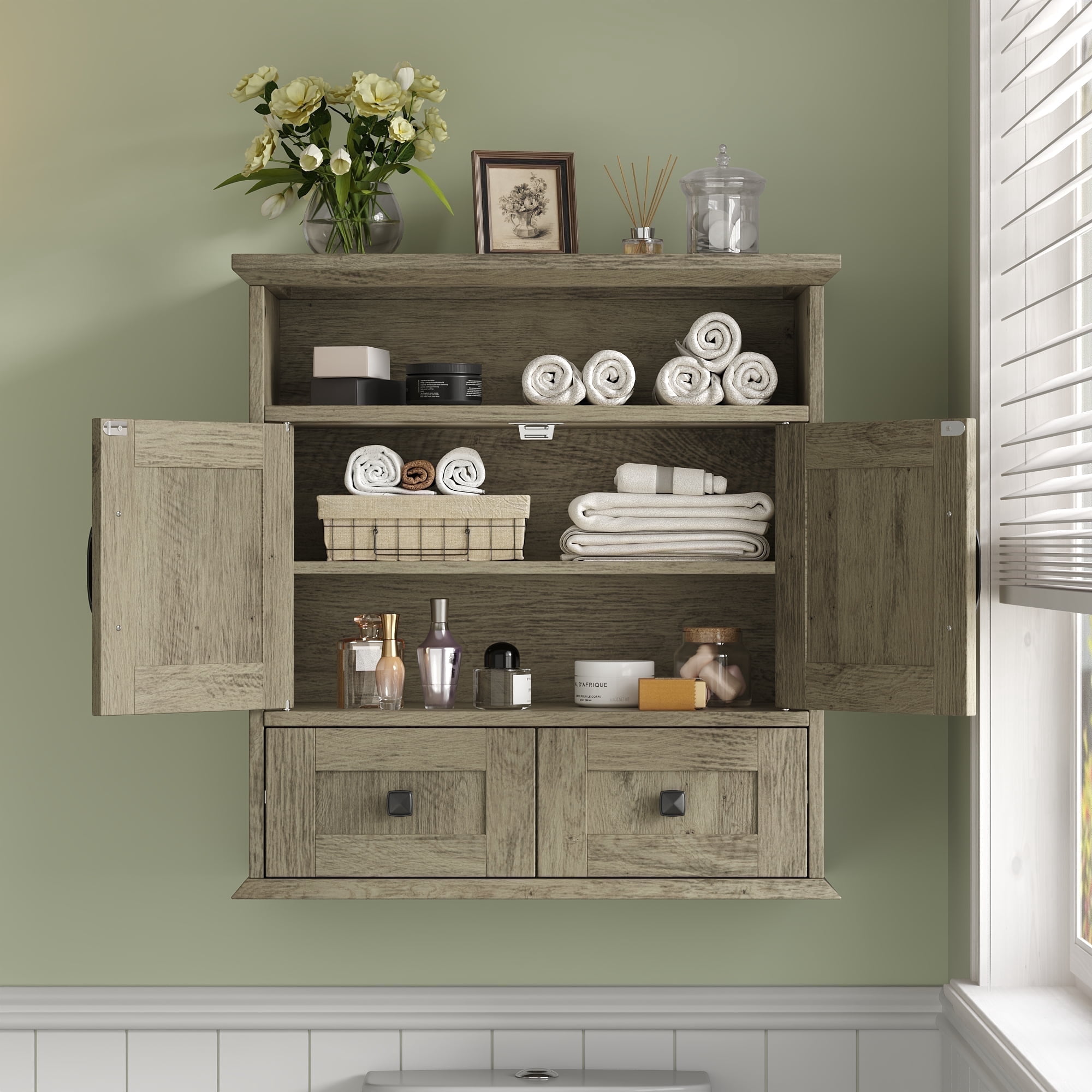 Farmhouse Wall Mounted Bathroom Cabinet with Barn Doors, Over Toilet Storage Cabinet with 2 Drawers and Adjustable Shelves, Rustic Bathroom Storage Organizer, Gray-brown