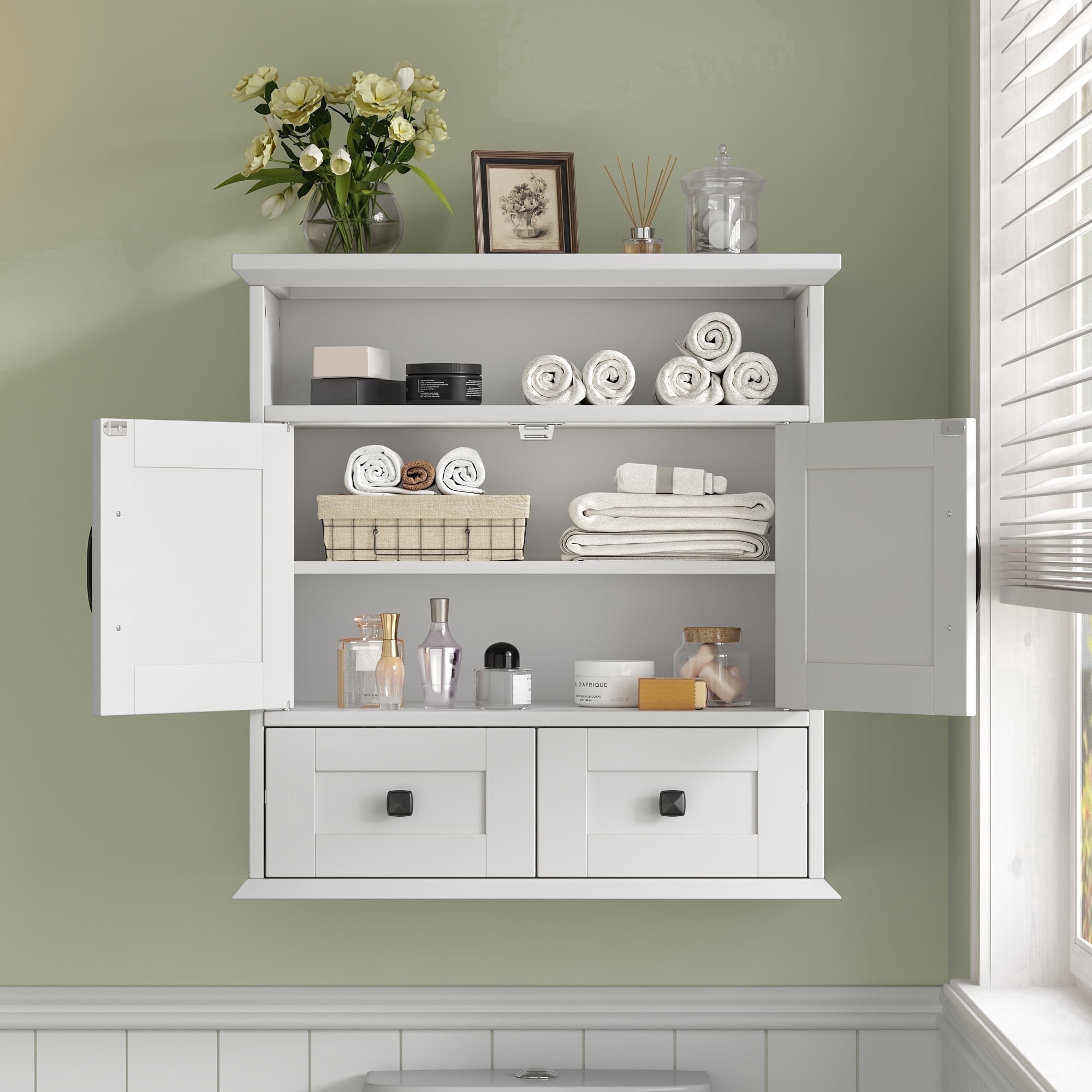NEGYLIM Wall Mounted Bathroom Cabinet with Barn Door, 2 Drawers and Adjustable Shelves, over Toilet Storage Cabinet for Bathroom Laundry Room, White