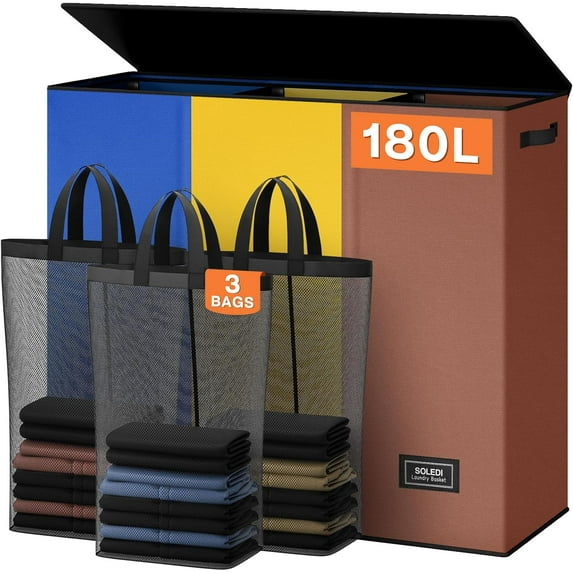 NEI 180L Laundry Hamper 3 Section, Extra Large Laundry Hamper with Lid, Dirty Clothes Hamper with Sturdy Handle, Large Laundry Basket Organizer for Laundry Room, Bedroom, Hampers for Laundry