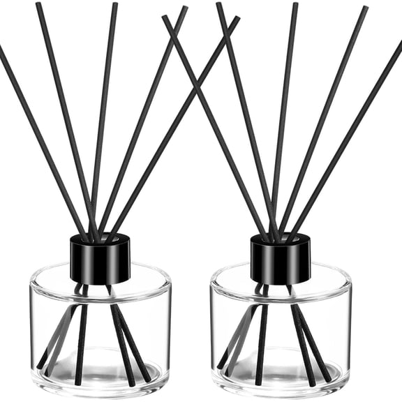 NEI- 2 Sets Reed Diffuser Bottle Empty Refillable Fragrance Glass Diffuser Bottles 100ml Round Glass Jars with Black Caps and Rattan Sticks for Living Room Home Replacement Fragrance DIY Decor