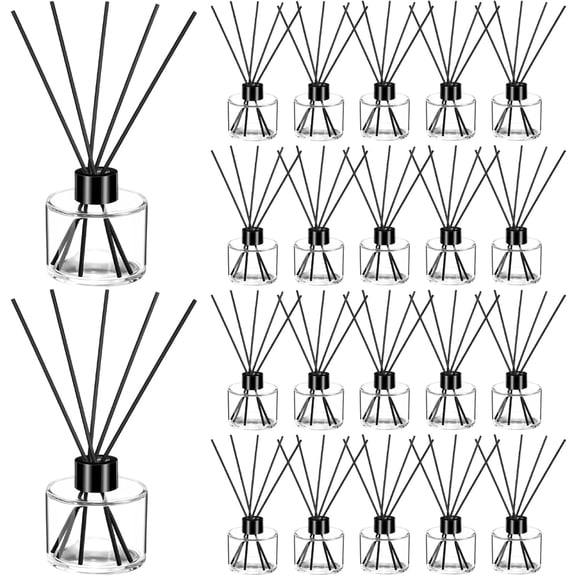 NEI- 20 Sets Reed Diffuser Bottle Empty Refillable Fragrance Glass Diffuser Bottles 100ml Round Glass Jars with Black Caps and Rattan Sticks for Living Room Home Replacement Fragrance DIY Decor