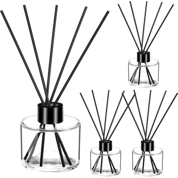 NEI- 4 Sets Reed Diffuser Bottle Empty Refillable Fragrance Glass Diffuser Bottles 100ml Round Glass Jars with Black Caps and Rattan Sticks for Living Room Home Replacement Fragrance DIY Decor