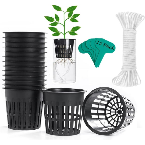 NEI 4 inch 15 Pack Net Cups Pots, with 15 feet Self Watering Rope, 15 Plant Labels, for Hydroponics Aquaponics Kratky Orchid Vegetable Indoor Outdoor Growing Baskets Nursery Slotted Mesh BPA Free