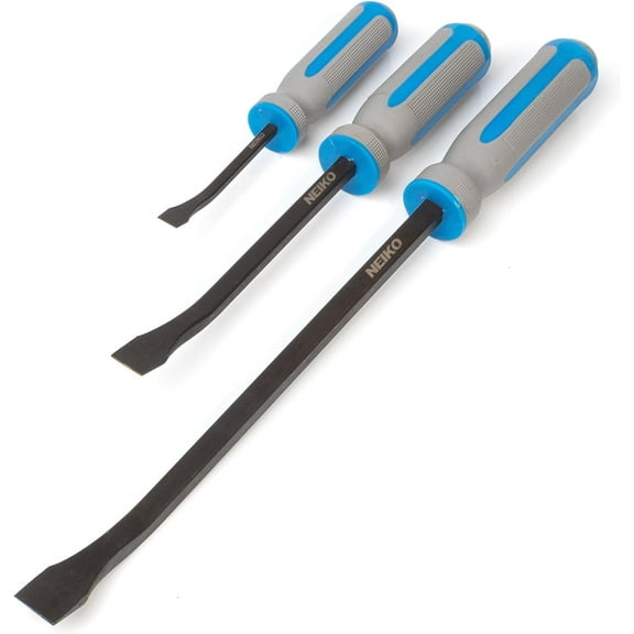 NEIKO 00251A Pry Bar, 3 Piece Angled Tip Pry Bar Set, 8", 12" & 17.5" Crow Bar with Go Through Striking Cap, Textured TPR Breaker Bar Handle, Heavy Duty Black Oxide Coated Chromium Steel Small PryBar