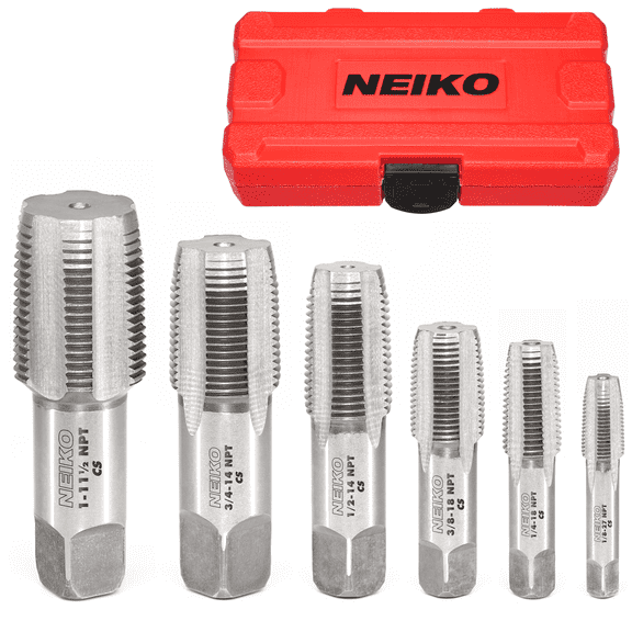 NEIKO 00931A NPT Pipe Tap Set, 6 Pc, Copper, Brass and PVC Pipe Threader, 1/8"-27, 1/4"-18, 3/8"-18, 1/2"-14, 3/4"-14 & 1-11-1/2 Pipe Threading Tool Taper Taps, Plumbing Rethreading, Thread Tapping