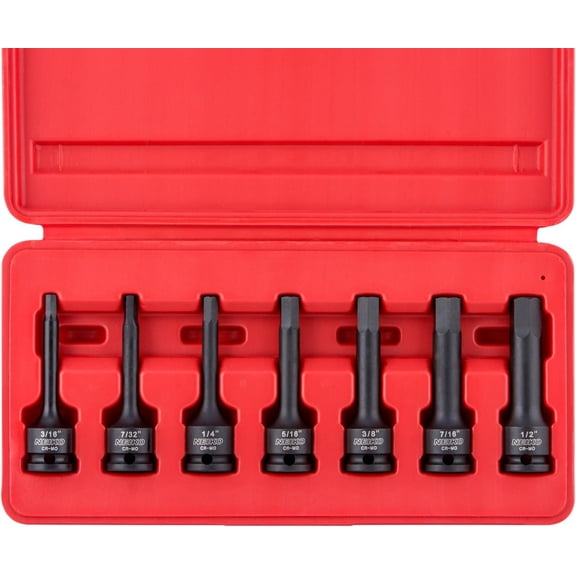 NEIKO 01131B 3/8-Inch-Drive Allen Socket Set, 3-Inch Length, 3/8-Inch Impact Hex-Bit Socket Set, SAE Hex Driver 3/16" to 1/2", CrMo Steel, Impact-Grade, 7-Piece Set