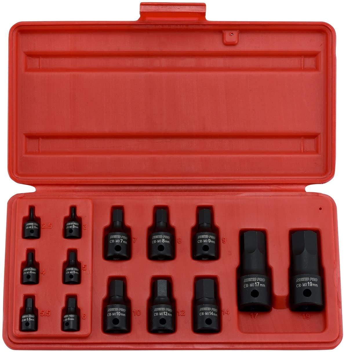 NEIKO 01141B Allen-Bit Socket Set, Metric Socket Set, 2.5 mm to 19 mm, 1/4-Inch, 3/8-Inch, and 1/2-Inch Drive, CrMo Steel, Impact-Grade, 14-Piece Set