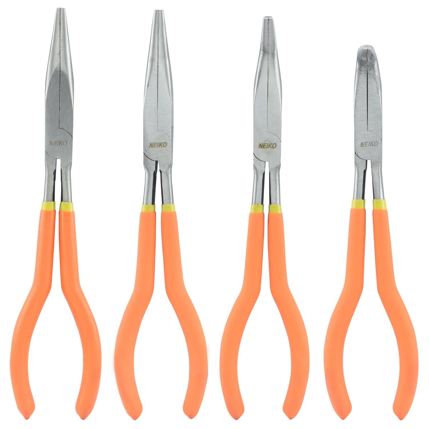 NEIKO 02105A (4) Long Nose Plier 11” Long Reach, Straight, Angle, Curved Pliers, 45 & 90 Degree, bent Head Needle Nose Pliers Set for Mechanics, Long Handle Pliers