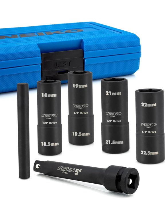 02290B Lug Nut Socket Set, 1/2 Impact Thin Wall Flip Socket Set, Half Size Wheel Socket Set, Metric 6 Point, 5" Extension Bar & Knockout Bar, 18.5mm, 19.5mm, 21.5mm, and 22.5mm