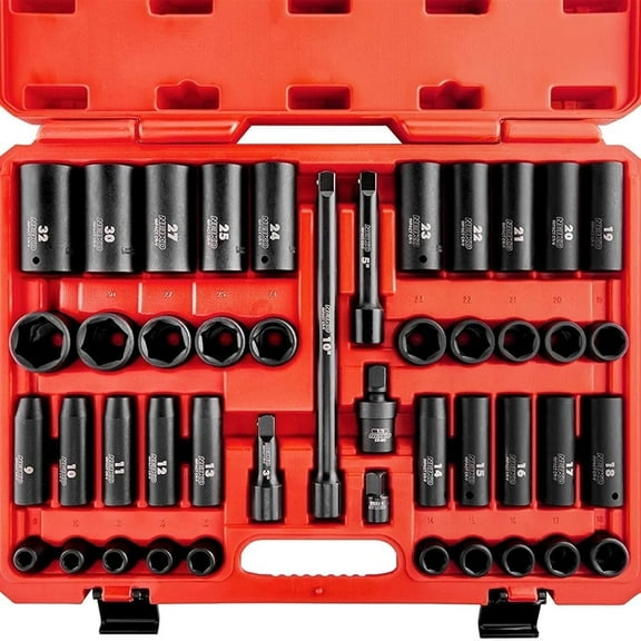 NEIKO 02330A 1/2 Impact Socket Set, 45 Piece Deep and Shallow Assortment, Metric Sizes 9mm to 32mm, Chrome Vanadium Steel, Extension Bars, Universal Joint and Adapter, 1/2" Drive Deep Well Set