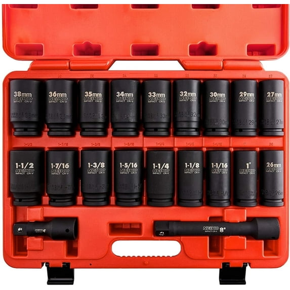 NEIKO 02347A 3/4-Inch Drive Socket Set, Master 20-Piece SAE and Metric Socket Set, SAE 1" to 1 1/2" and Metric 26 to 38 mm, Extension Bars Included
