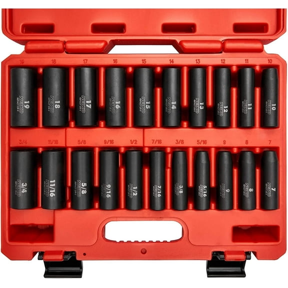 NEIKO 02431A 3/8” Drive SAE and Metric Deep Impact Socket Set | 21 Pieces | SAE 5/16” to 3/4” | Metric 7mm to 19mm | Premium Cr-V Steel | 6-Point Hex Design | Corrosion Resistant Coating