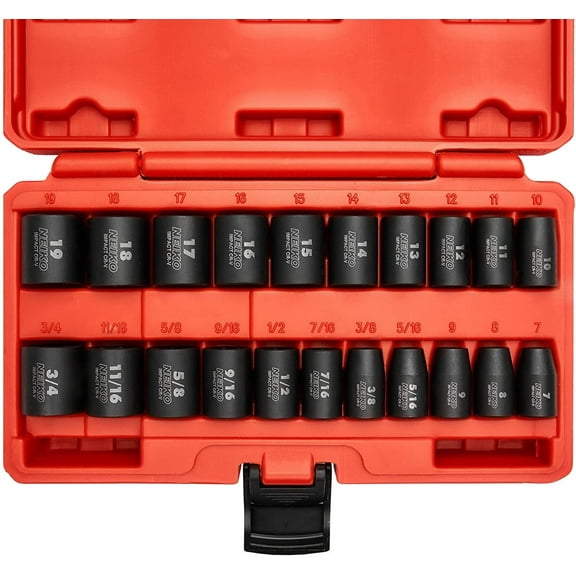 NEIKO 02432A 3/8 Drive SAE and Metric Impact Socket Set | 21 Shallow Pieces | SAE 5/16 to 3/4 | 7mm to 19mm | Premium Cr-V Steel | 6-Point Hex Design | Corrosion Resistant Coating