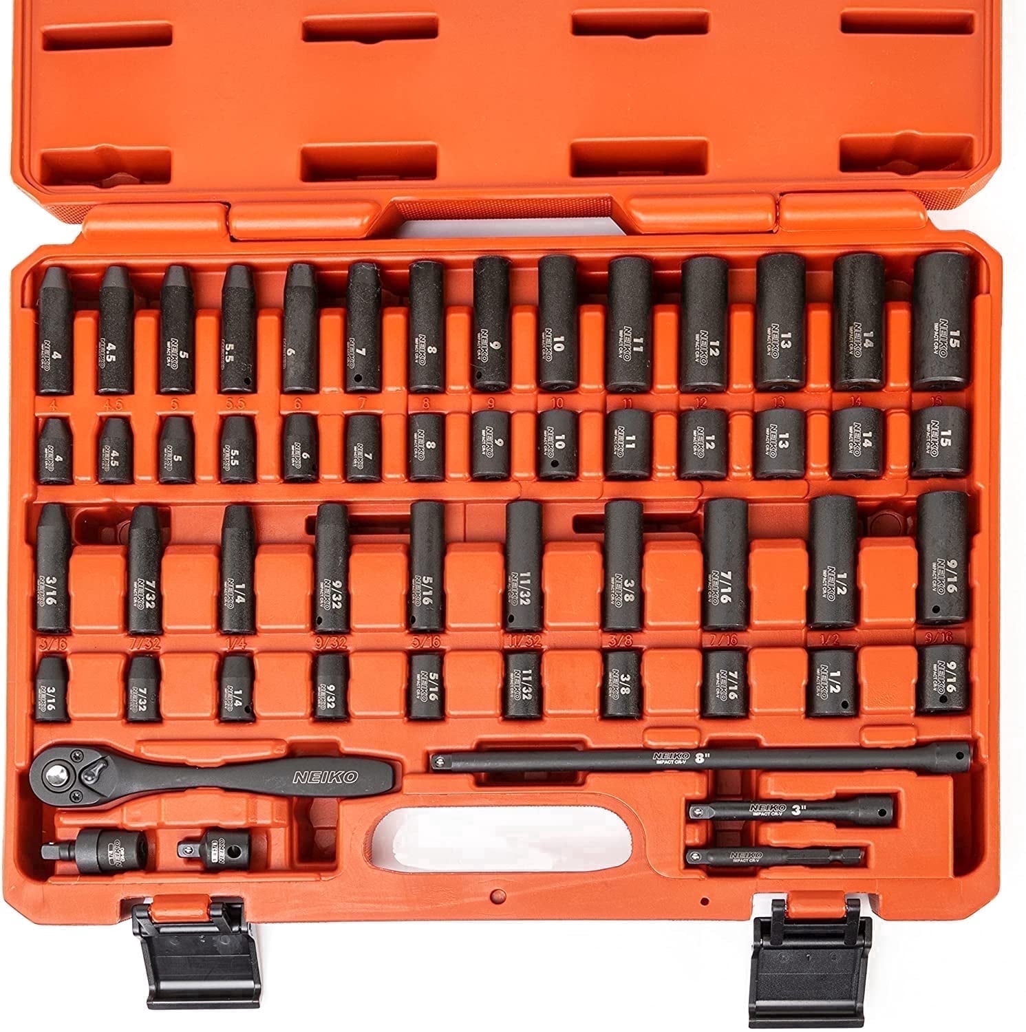 NEIKO 02437A 1/4 Drive Impact Socket Set 54 Piece Metric & Standard, Deep & Shallow Chrome Vanadium Steel 3/8” to 1/4” Reducer Hex Shank Adapter, Metric and Standard, Deep Socket Set