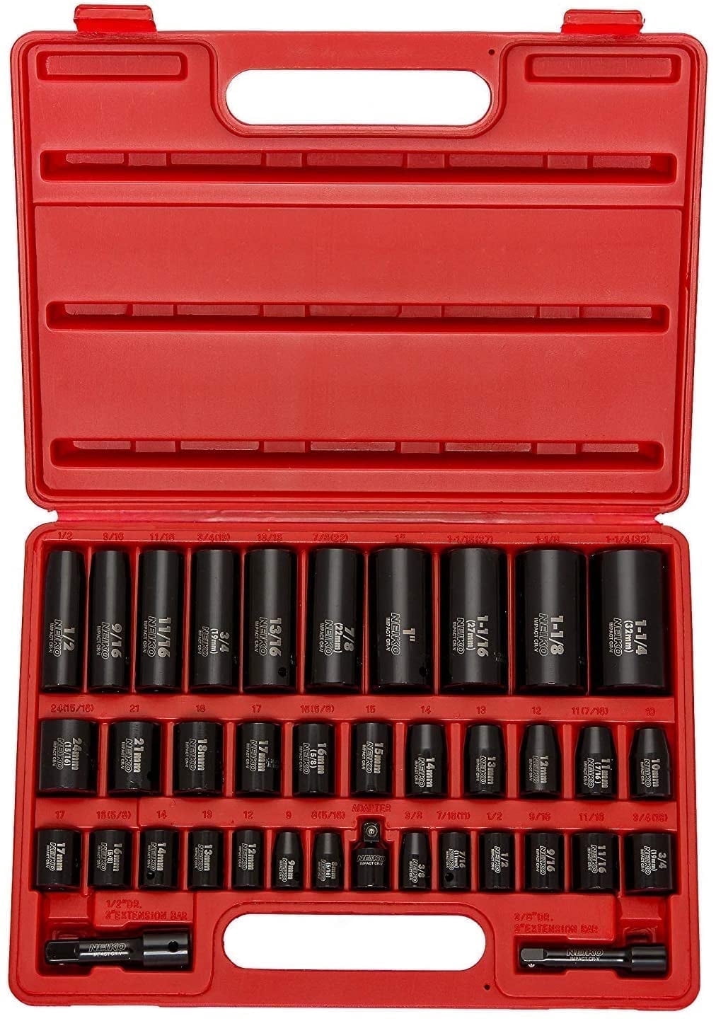 NEIKO 02443A 3/8" and 1/2" Drive Master Impact Socket Set | 38 Piece | Standard SAE (Inch) and Metric (mm) Sizes Below | Deep and Shallow Kit | Cr-V Steel | Includes Duometric Sockets